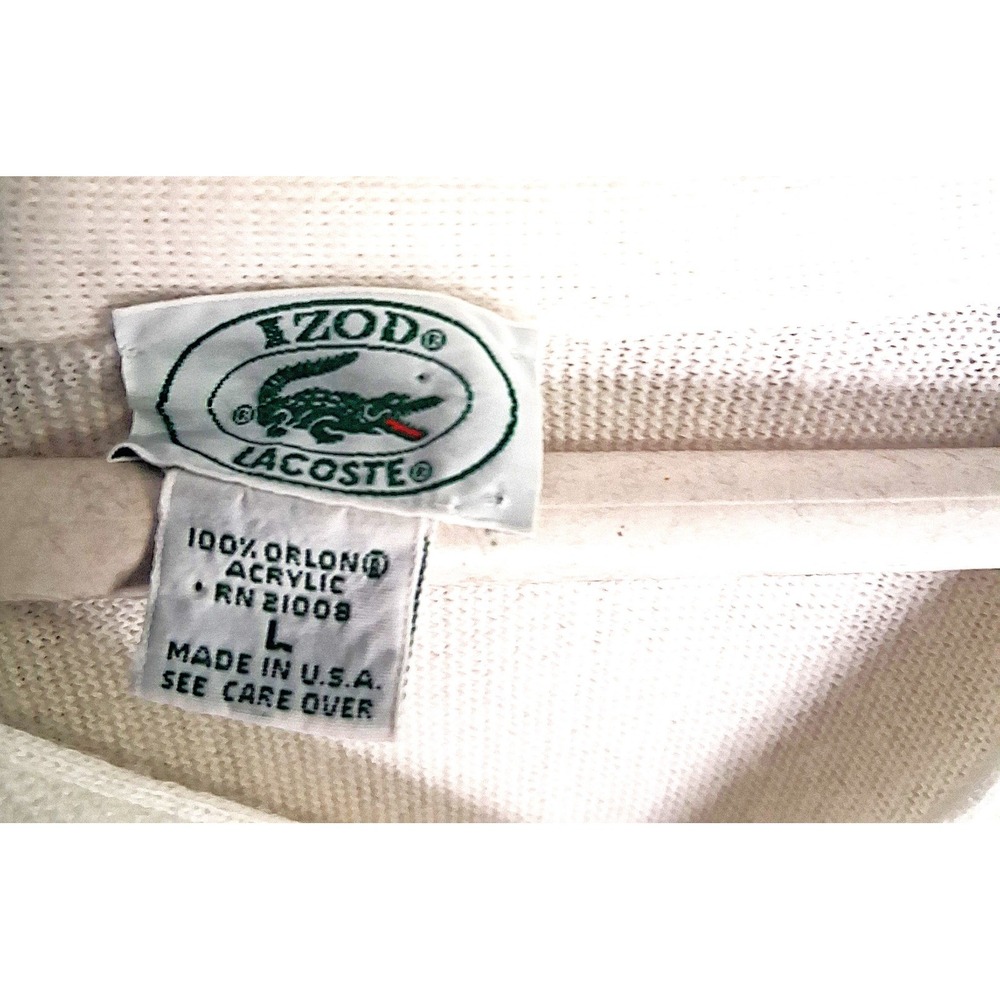 Izod Lacoste Cardigan Mens L White Vintage Preppy V-Neck Knit Sweater Logo 80s - Picture 3 of 13
